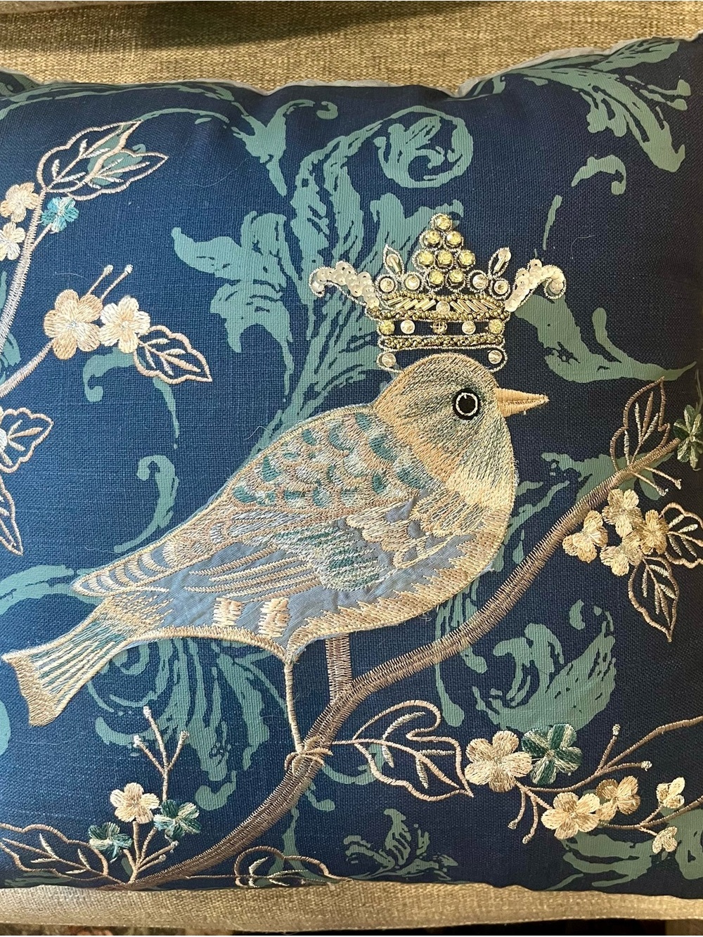 Embroidered Crowned Bird Decorative Pillow - Navy & Teal Accents